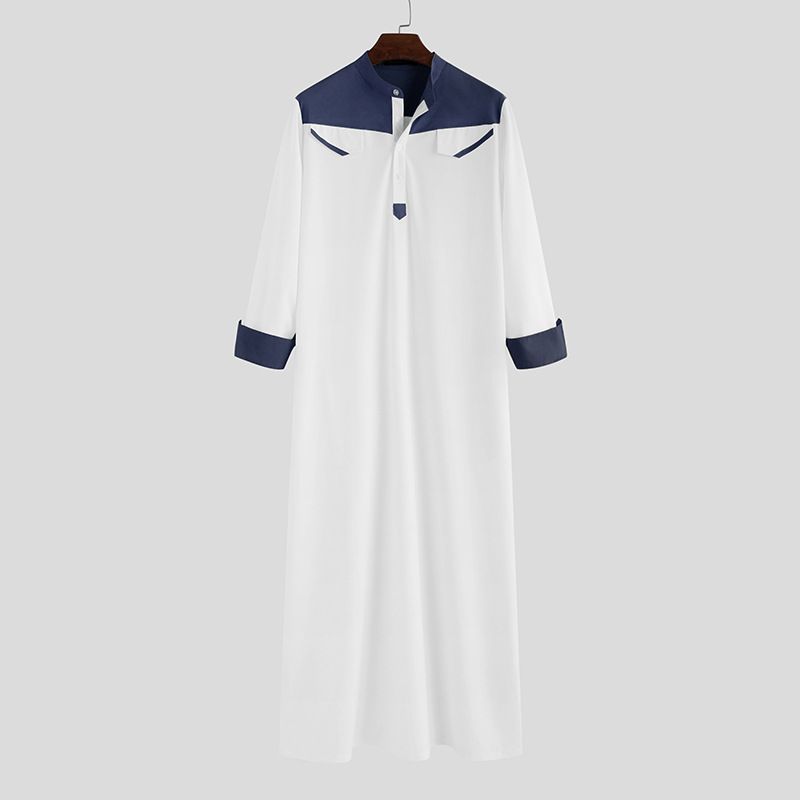 2025 Autumn/Winter New Muslim Men's Loose Stand Collar Contrasting Long Sleeve Ethnic Style Jumpsuit_voghion.com