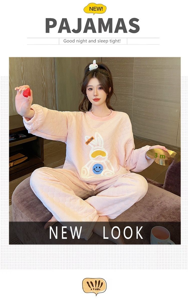 cotton sandwich pajamas women, sweet cartoon long sleeved pants autumn and winter, plus size 230 pounds home_voghion.com
