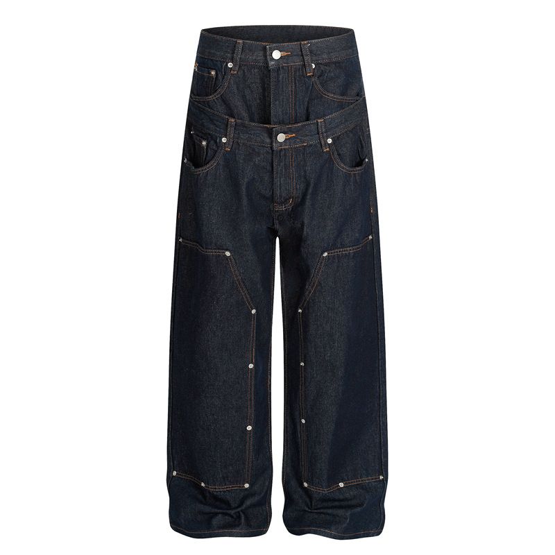 Herren-Stil Doppelbund Nieten Indigoblau Strukturierter Denim A-Linie Entspannte Gerade Bein Lange Hose_voghion.com