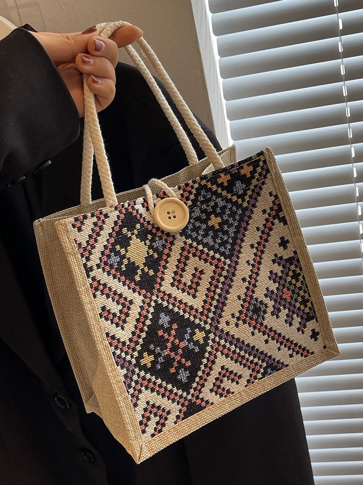 Borsa da viaggio in tela in stile etnico per donna, estiva, nuova moda, da portare a mano all'aperto, in lino, per il pranzo, per la mamma_voghion.com