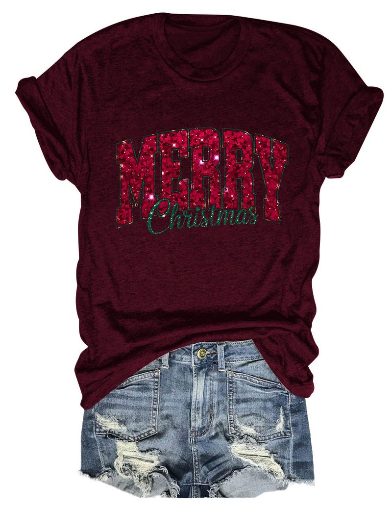 Casual Versatile Women's Merry Christmas Round Neck Short Sleeve T-Shirt Base Shirt_voghion.com