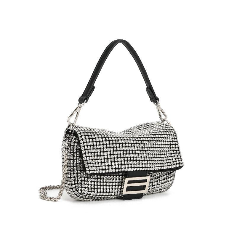 Borsa a tracolla da sera con catena, versatile, con strass, da tenere in mano, con custodia a libro, 2025_voghion.com