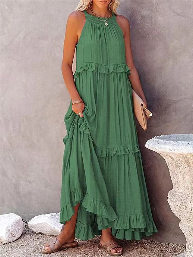 Vestidos largos con volantes estilo festivo para mujer Vestidos de playa fluidos con gran oscilación_voghion.com