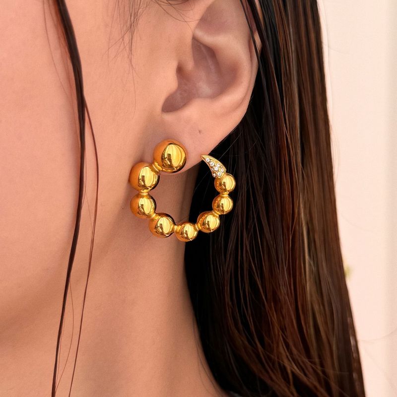 INS Retro Plated Titanium Steel Fine Polished Round Beads Micro Inlaid Zircon Earrings_voghion.com