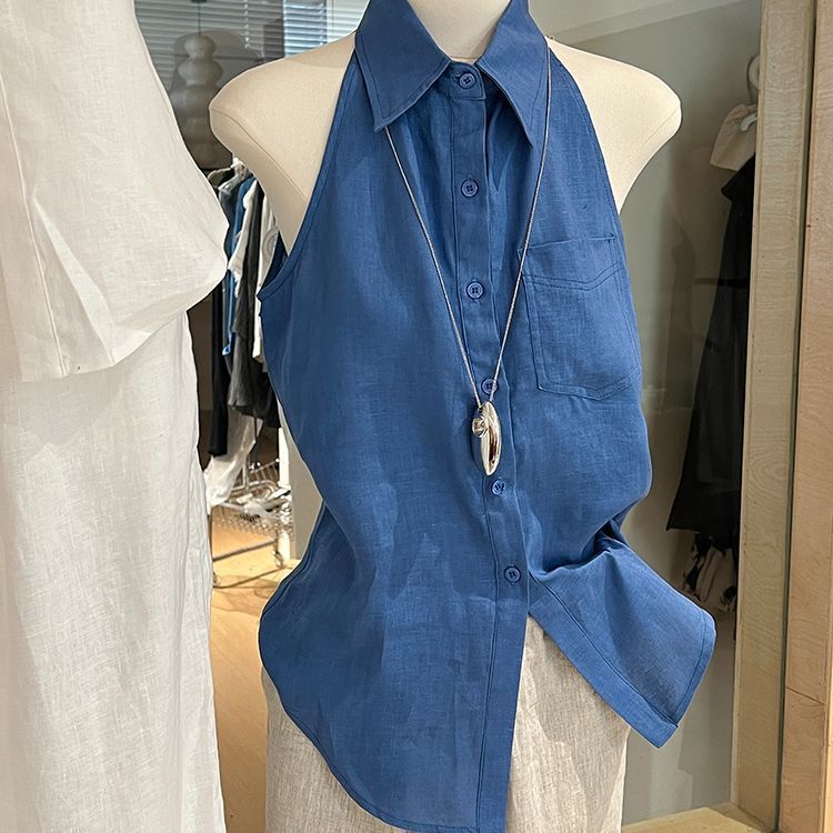 Camicia senza maniche blu per donna, stile estivo, stile old money, moda francese, gilet con spalle scoperte, casual elegante di alta qualità_voghion.com