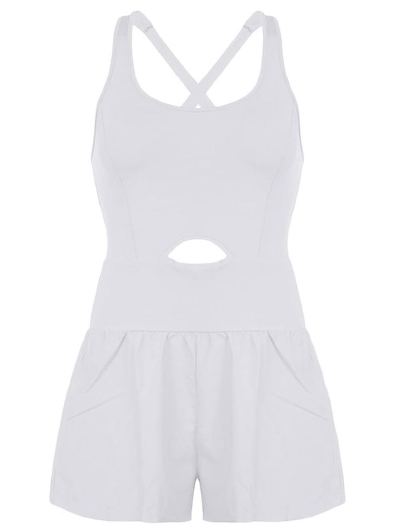 Tweedelige Illusion U-hals afslankende modieuze tanktop met aansluitende shorts, effen kleur, open rug, uitgeholde strakke romper voor dames_voghion.com