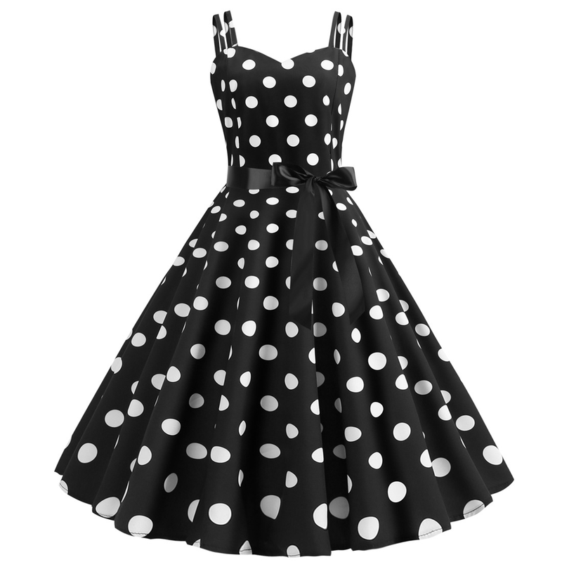 L8036 Neue Sommer frauen Sexy Doppel Strap Open Back Polka Dot Print A-linie Kleid_voghion.com
