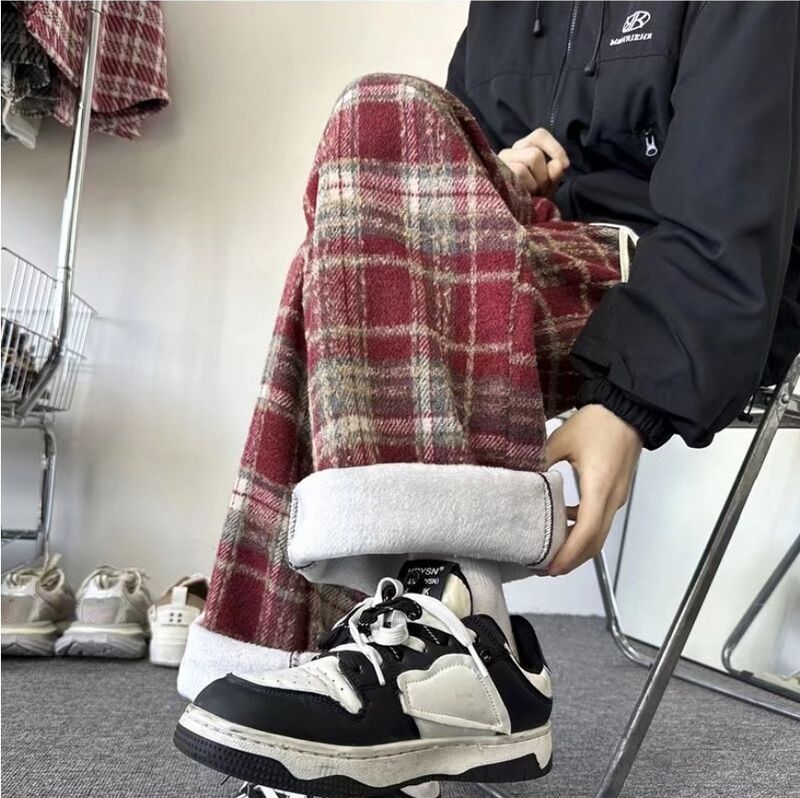 American Plaid For Men's Autumn Winter With Plush Thickened Straight Loose And Trendy Hang Feeling Wide Leg Casual Pants_voghion.com