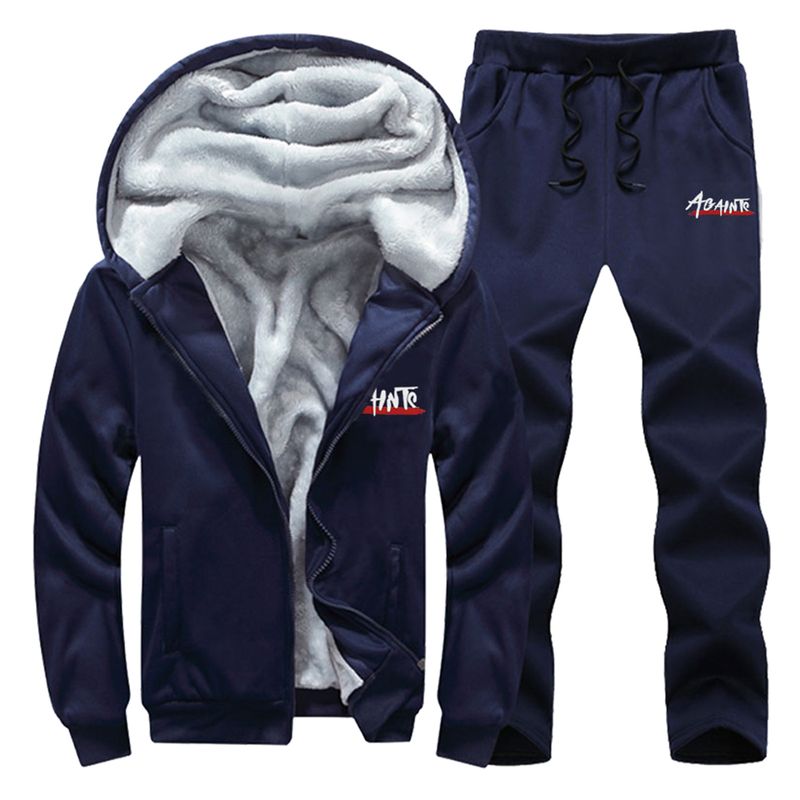 Men's Casual Fleece Choodie And Pants Set Letter Print Two Piece Plush Hooded Pocket Coat Set Drawstring Solid Warm Pants Suit_voghion.com