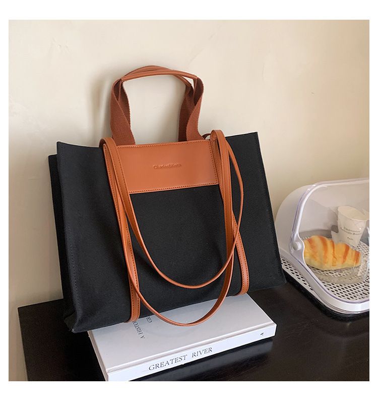 Borse tote da donna, semplici borse tote da donna con colori di tela a contrasto e tracolla singola di grande capacità._voghion.com