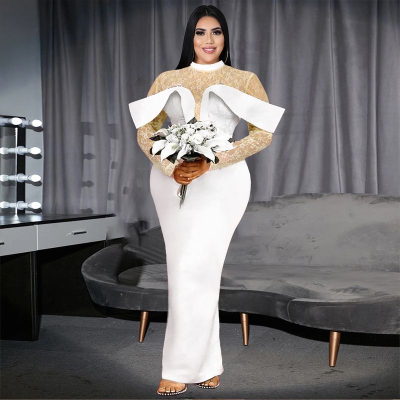 Women's Plus Size Temperament Dress Splicing Mesh Hip-wrapped Slim Dress Birthday Dress_voghion.com