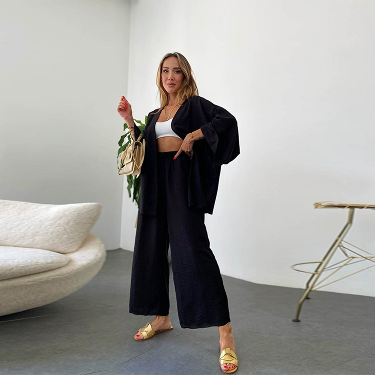 Completo da due pezzi in cotone e lino, cardigan, maniche lunghe, tasca superiore, pantaloni a gamba larga_voghion.com