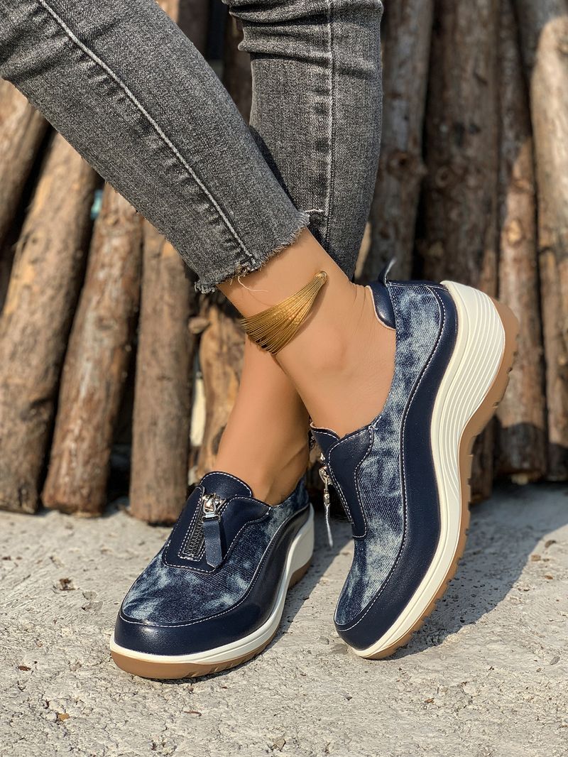 Damenschuhe große Freizeitschuhe farblich passende Leopardenmuster Keilabsatz dicke Sohle runde Zehen Slip-On-Schuhe_voghion.com