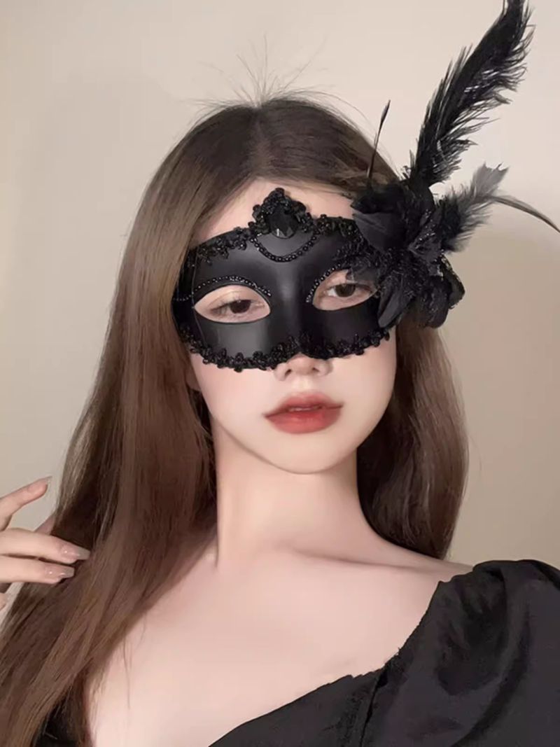 Maschera di piume di Halloween in pizzo sexy per feste in maschera, mezza faccia femminile_voghion.com