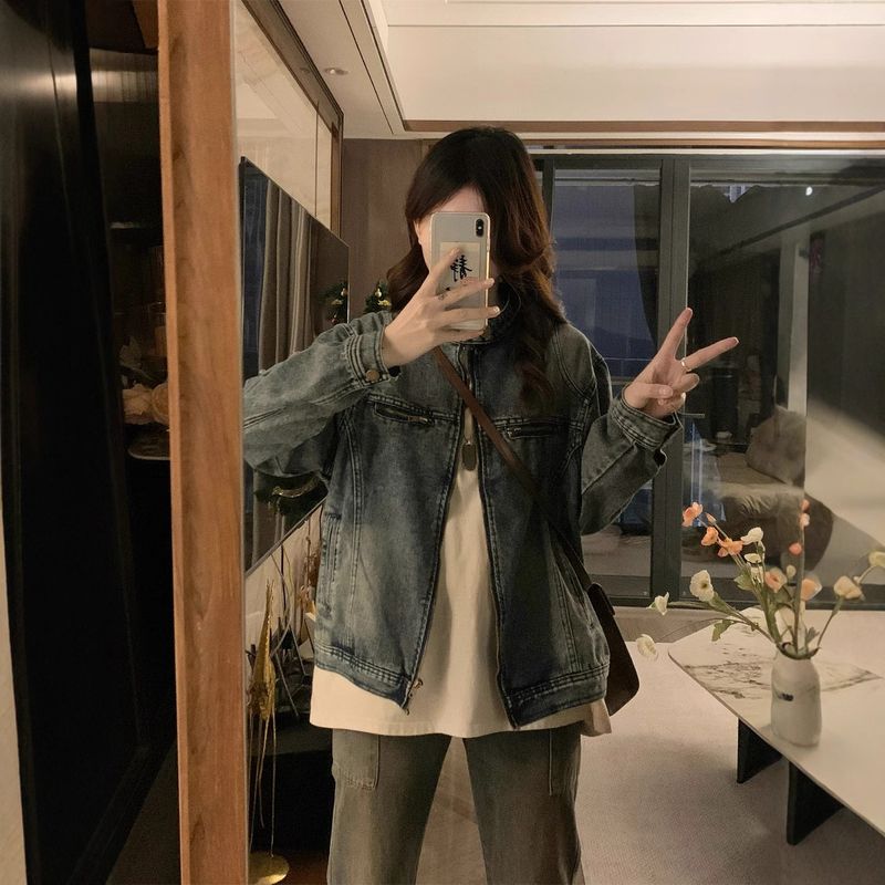 Kort vårvinterjacka i denim, casual och mångsidig, amerikansk parjacka, trendig dammodell med lös passform_voghion.com