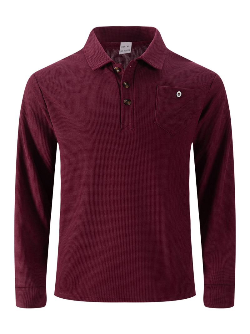 Klassisches Poloshirt aus Waffelstrick – Langarm-Knopfkragen mit Tasche (Khaki/Schwarz/Grau/Weinrot/Grün/Weiß, S-XXXL)_voghion.com