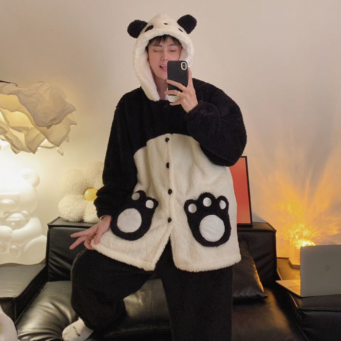 Winter cartoon panda hooded couple pajamas with thick plush long sleeves, men's and women's flannel home clothes_voghion.com