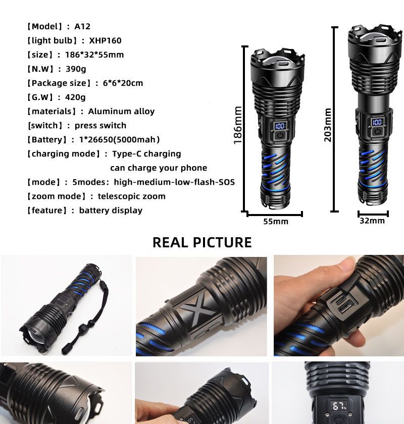 Super-Laserkanone Outdoor Ultrahelle Langstrecken-Zoom Tragbare Notfall-LED-Taschenlampe Wiederaufladbar_voghion.com