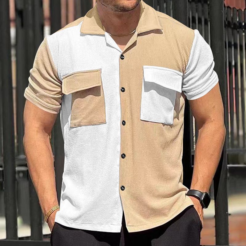 2024 Sommer Neue Herren Farbblock Ärmel Atmungsaktiv Freizeit Strand Hemd Kurze Taste Strickjacke_voghion.com