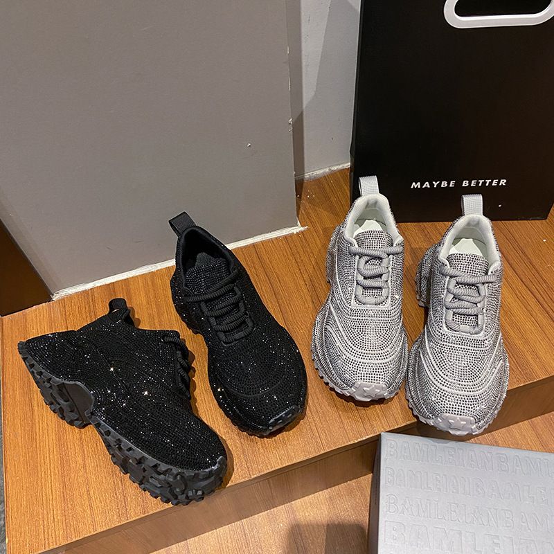 Modische Damen-Sneaker mit Strasssteinen – klobige Plateauschuhe für mehr Körpergröße, atmungsaktives Obermaterial aus PU, lässige und trendige Low-Top-Schnürschuhe_voghion.com