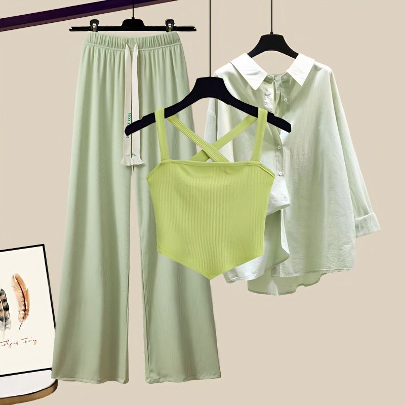 Women's Summer Suits For Women New Slim Korean Shirt Cross Vest Wide Leg Pants Three Piece Suit_voghion.com