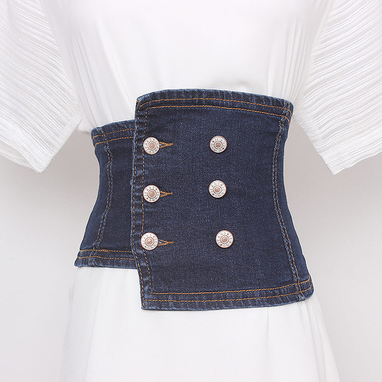 2020 neuer trendiger asymmetrischer zweireihiger geknöpfter Stretch-Denim-Hüfthalter für Damen mit Rock, Hemd und Jeans_voghion.com