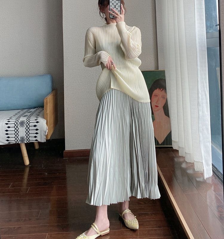 Gonna midi da donna GraceChic in stile Miyake con effetto drappeggiato, nuovo design di nicchia di fascia alta, gonna plissettata snellente a vita alta a trapezio,_voghion.com