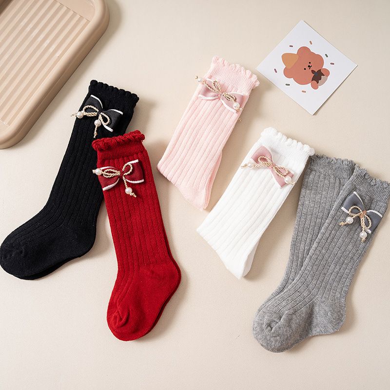Mother & Kids Stacked Socks Solid Color Double Needle Calf Socks Girls Baby Autumn and Winter Vertical Striped Bowknot Middle Tube Socks Wholesale_voghion.com