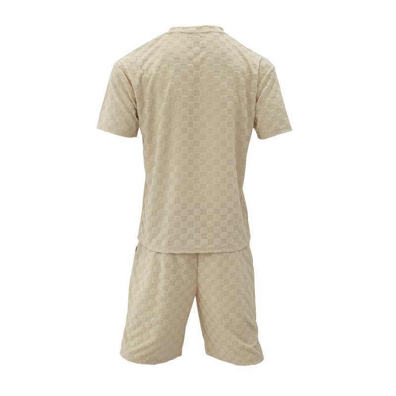 Man's clothing Men's summer jacquard check short sleeve T-shirt loose large size straight leg casual shorts set_voghion.com