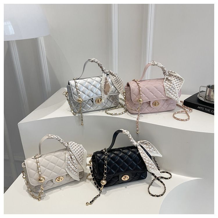Women's Fashion Shoulder Bag With Quilted Design, Chain Strap & Scarf Detail - Soft PU Crossbody Purse For Daily Commute & Casual Outings_voghion.com