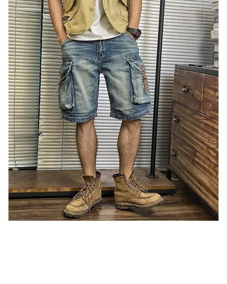 Herrenbekleidung Gewaschene Jeans-Shorts für den Sommer, dünne, lockere und gerade Arbeitskleidung, mittellange Hose, trendige, lässige Fünf-Sechs-Punkt-Hose_voghion.com