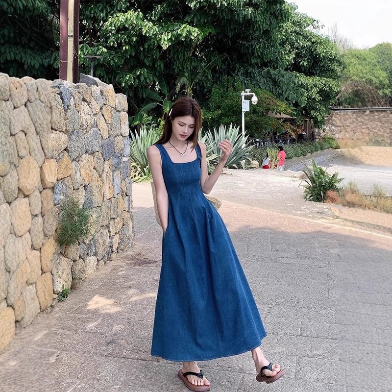 Blue Mist Love French Cowboy Dress For Women's Summer, With A Niche Design Sense, Waist Cinching Temperament, Suspender_voghion.com