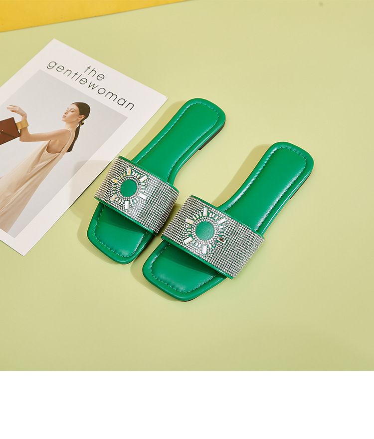 Dame Store Tøfler Sommer Nyt Overtøj Headed Water Diamond Firkantet Spænde Flad Hæl Strand Cool Sko_voghion.com