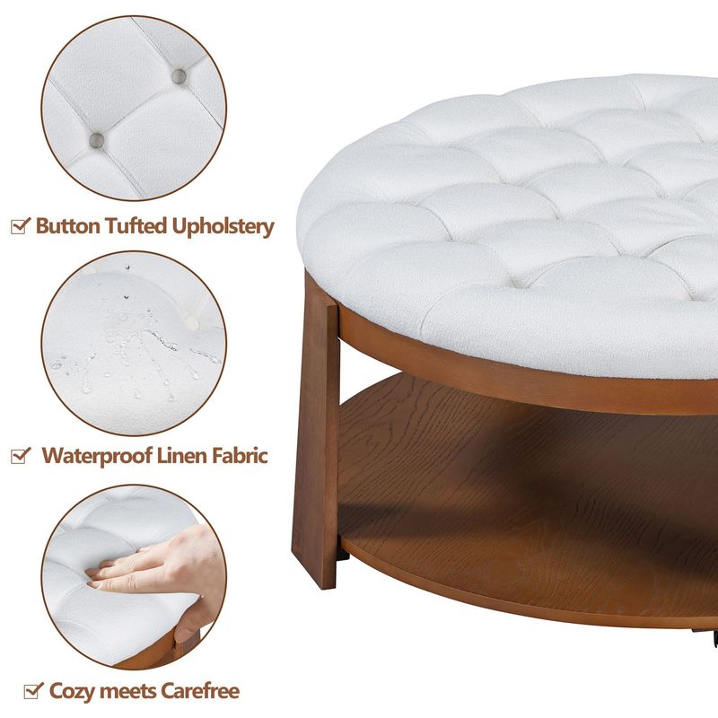 Modern Large Round Ottoman Coffee Table 2-Tier Oversized Button Tufted Ottoman With Wood Shelf Storage Upholstered Coffee Table For Living Room Footrest Ottoman With Wheel, Waterproof Linen_voghion.com