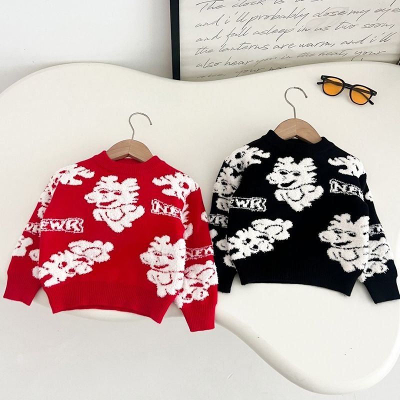 Boys' Soft Knit Sweater With Cartoon Print - Comfortable Round Neck Long Sleeve Pullover For Toddlers & Kids (3-8 Years, 90-130cm)_voghion.com