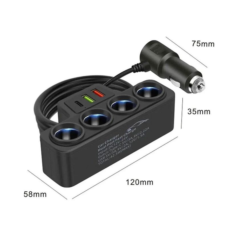 One To Four Intelligent Cigarette Lighter Dual USB+PD Charger QC3.0 Car Converter_voghion.com