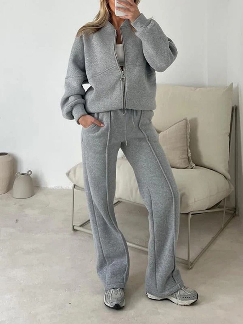 Damenbekleidung Neue Mode Freizeitanzug Einfarbig Langarm Sweatshirt Reißverschluss Hose Zweiteiliger Anzug_voghion.com