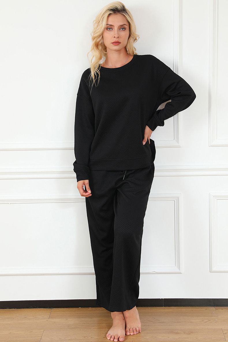 Terno casual solto simples de cor sólida, outono inverno, novo, texturizado, com cordão, roupa esportiva para mulheres, 2025_voghion.com