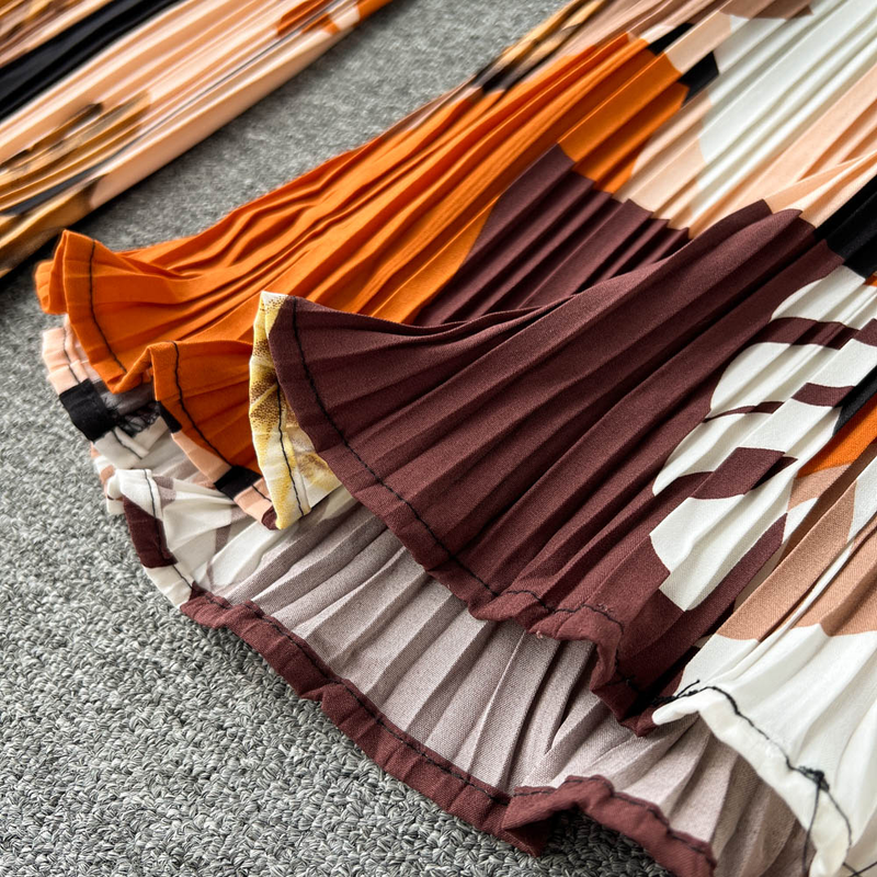 Dámské francouzské vintage potisk volné dlouhé rukávy první sukně s vysokým pasem rovné nohavice ležérní kalhoty_voghion.com