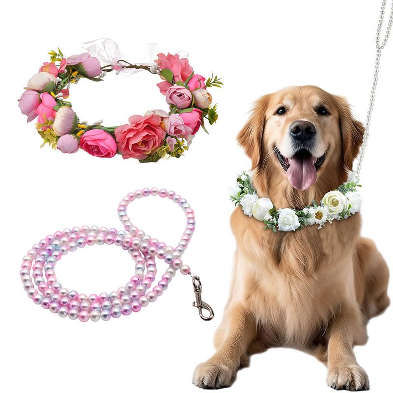 2025 New Pet Simulation Flower Collar Dog Necklace With Pearl Leash Set For Wedding Photoshoot_voghion.com