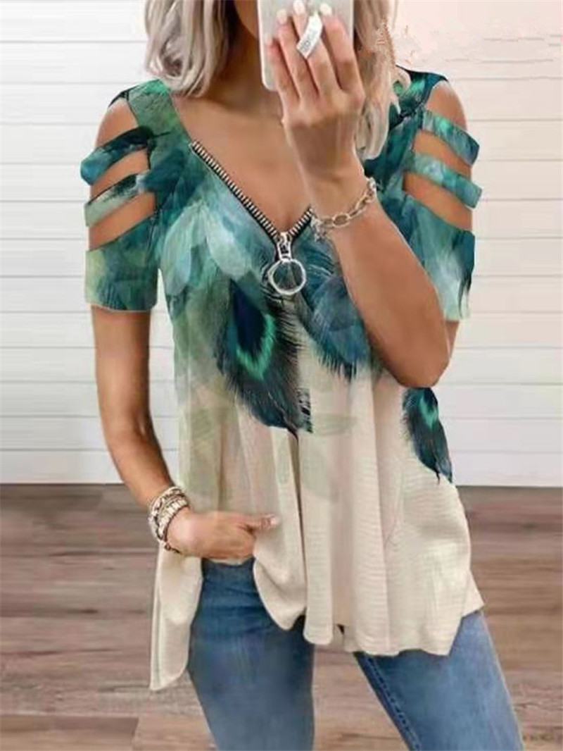 Nuova camicetta estiva da donna con spalle scoperte, stampa leopardata, cerniera, scollo a V, casual, ampia, primaverile, sexy, nuova camicetta da donna_voghion.com
