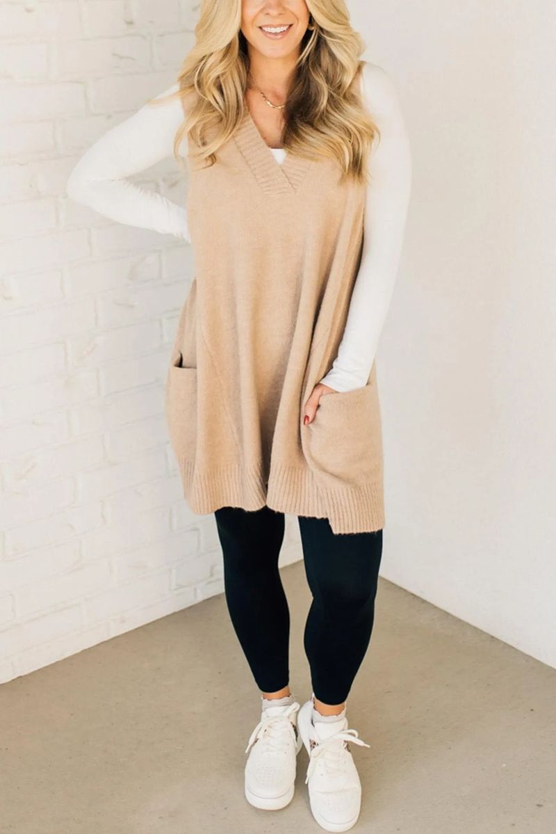 K Einfarbige Strickweste mit V-Ausschnitt und Tasche, ärmelloser Pullover_voghion.com