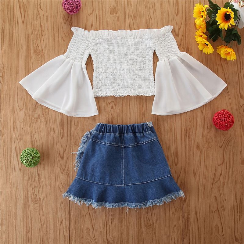 Grenzüberschreitende Kinderkleidung für Kinder im Frühlings- und Sommerstil, modischer Chiffon-One-Shoulder-Trompetenärmel-Top-Jeansrock-Mädchenanzug_voghion.com