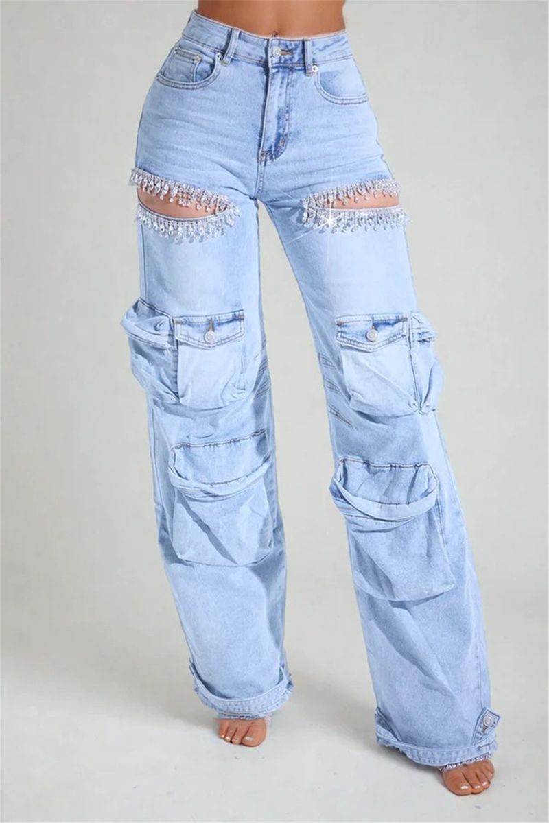 Damenbekleidung Hollow Diamond Overalls Stretch-Jeans mit mehreren Taschen für Damen_voghion.com