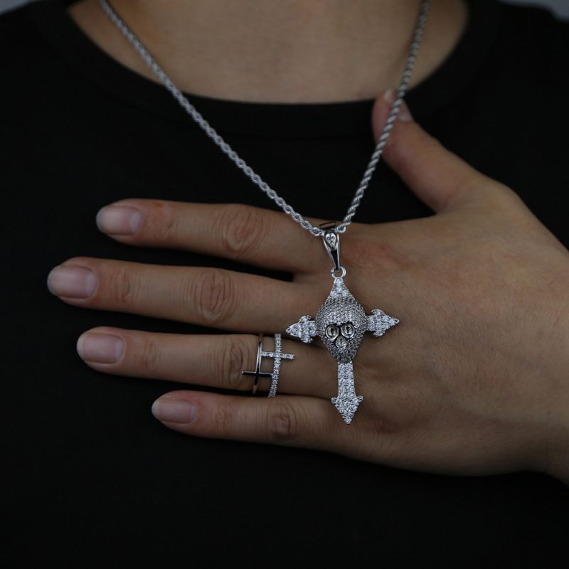 New Skull Cross Pendant Set with Zircon Hip Hop Necklace Jewelry_voghion.com