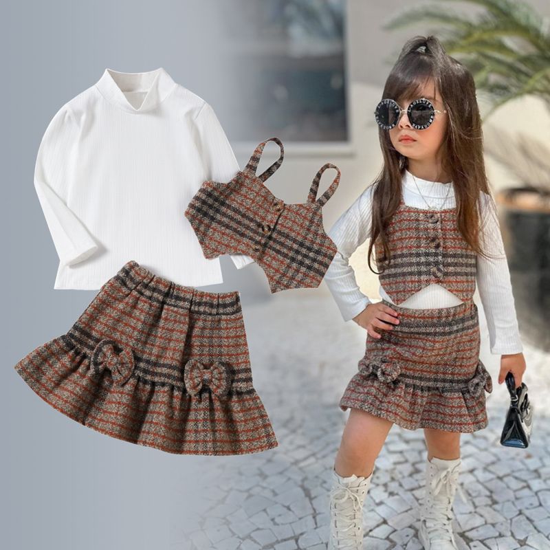 Abbigliamento di Ch, top a maniche lunghe per ragazze, gilet in lana scozzese + gonna a trapezio, set da tre pezzi, alla moda ed elegante per_voghion.com