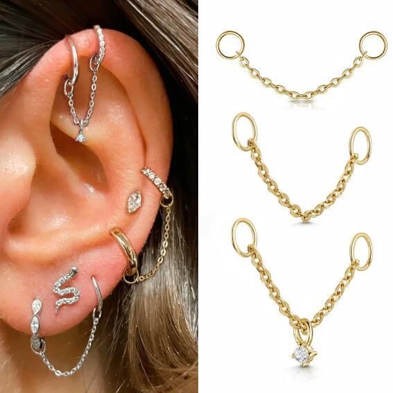 Unisex Persönlichkeit Piercing Ohr Knochen Ohrstecker Damen Zirkon Quaste Kette Ohrstecker Mode Ohrringe mit Kette_voghion.com