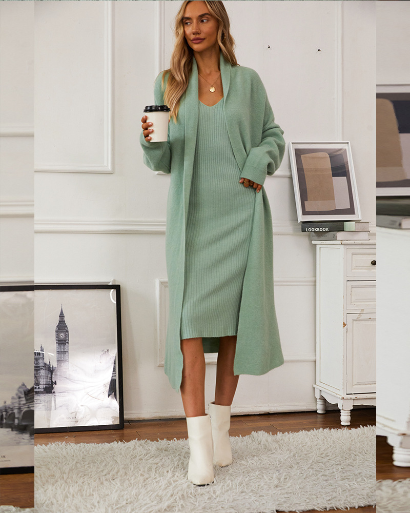 Damenbekleidung, gestrickter Anzug, elegantes Weste-Kleid für Damen + lange Strickjacke, heiß_voghion.com
