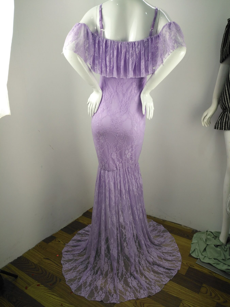 Sieviešu mežģīņu maternitātes astes kleita ar īsām piedurknēm fotografēšanas kleita ar lidojošām piedurknēm_voghion.com