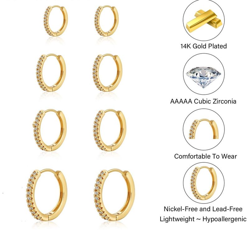 Orecchini da donna in ottone placcato oro vero, semplici e di lusso, con zirconi intarsiati, set di quattro._voghion.com